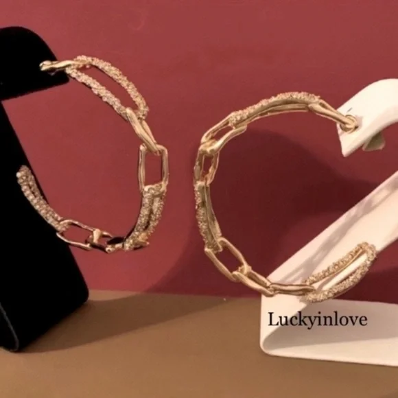 ALEXIS BITTAR NEW Gold Textured Crystal Custom Sculpted Chain Link Hoop Earrings - Picture 10 of 15